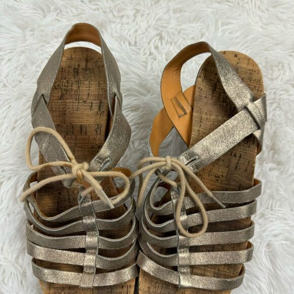 Korkease Adel Metallic Lace Up Cork Wedge Leather Sandals - Picture 4 of 10